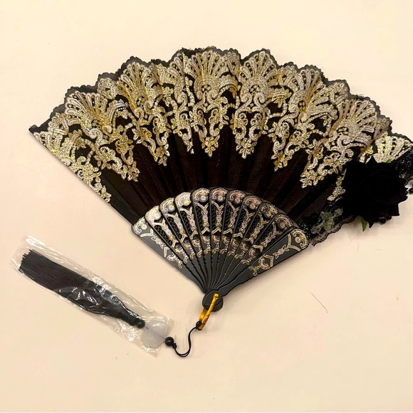 Accessories - Elegant Black and Gold Lace Fan